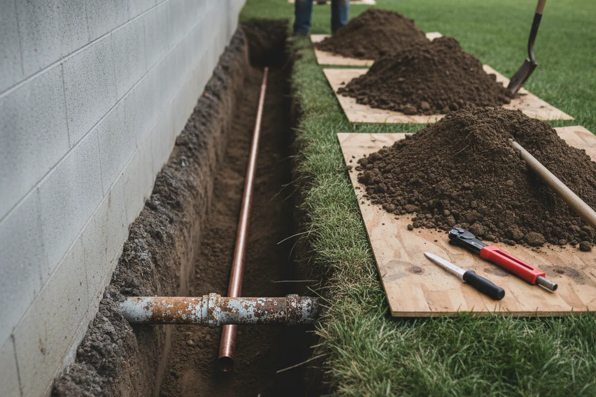 Excavated water line trench during Sewer Line Repair in Woodford